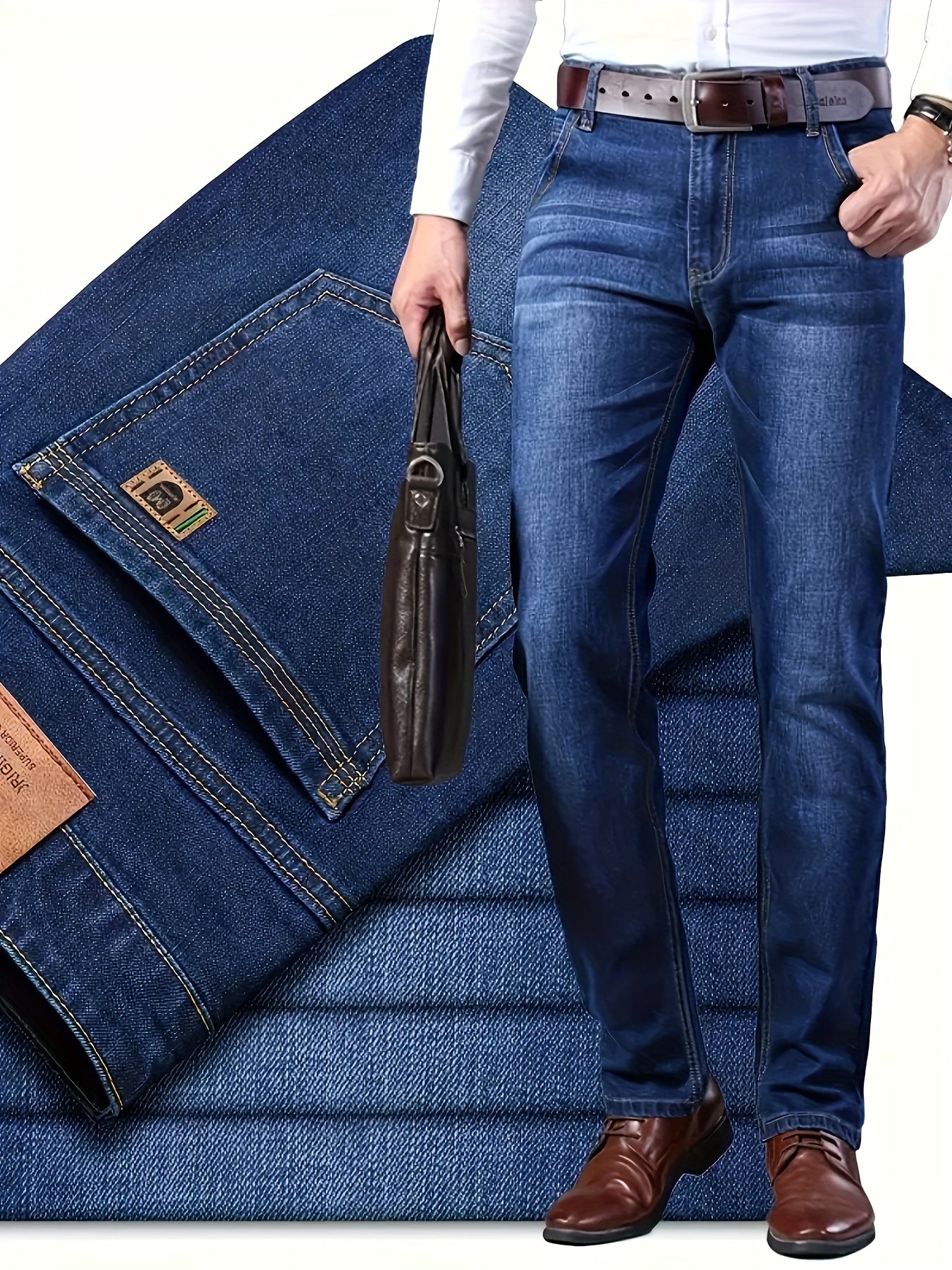 Men's Solid Denim Pants With Pockets, Formal Cotton Blend Jeans For Outdoor Activities