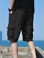 Men's Label Patchwork Solid Cargo Shorts With Flap Pockets, Versatile And Trendy For Summer Outdoors And Sports Wear