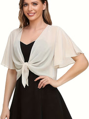 Solid Color Knotted Front Blouse, Elegant Short Sleeve Chiffon Blouse For Summer, Women's Clothing