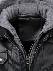 Mens Fashionable Hooded Jacket - Faux Leather, Utility Pockets, Versatile for All Seasons