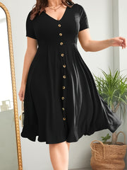 Plus Size Solid Button Front Swing Dress, Casual Short Sleeve V Neck Knee Length Dress For Spring & Summer, Women's Plus Size Clothing