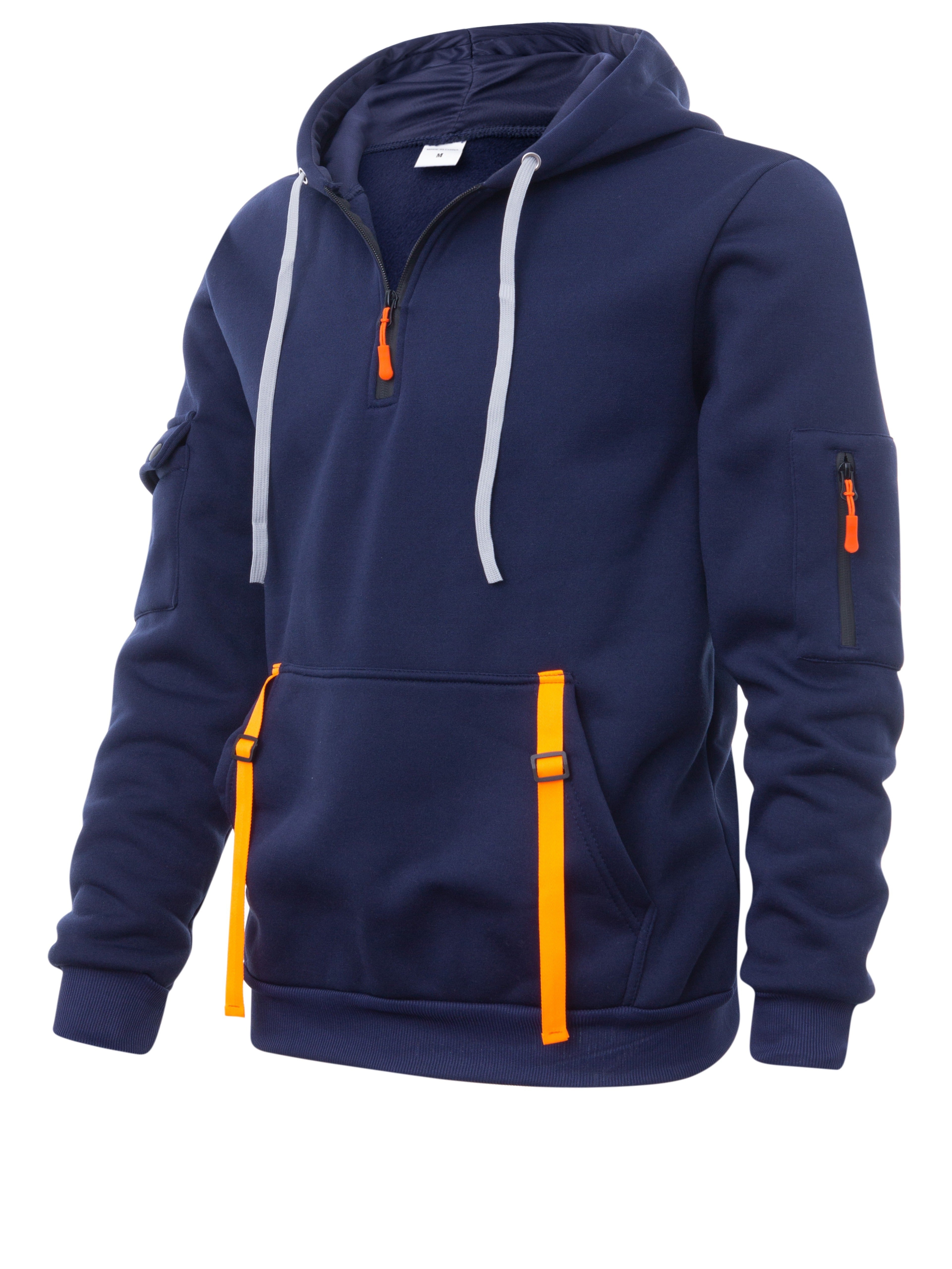 Men's Hooded Solid Long Sleeve And Zippered Henley Neck Sweatshirt With Multiple Pockets, Chic And Versatile Hoodie For Men's Spring And Autumn Outdoors Wear