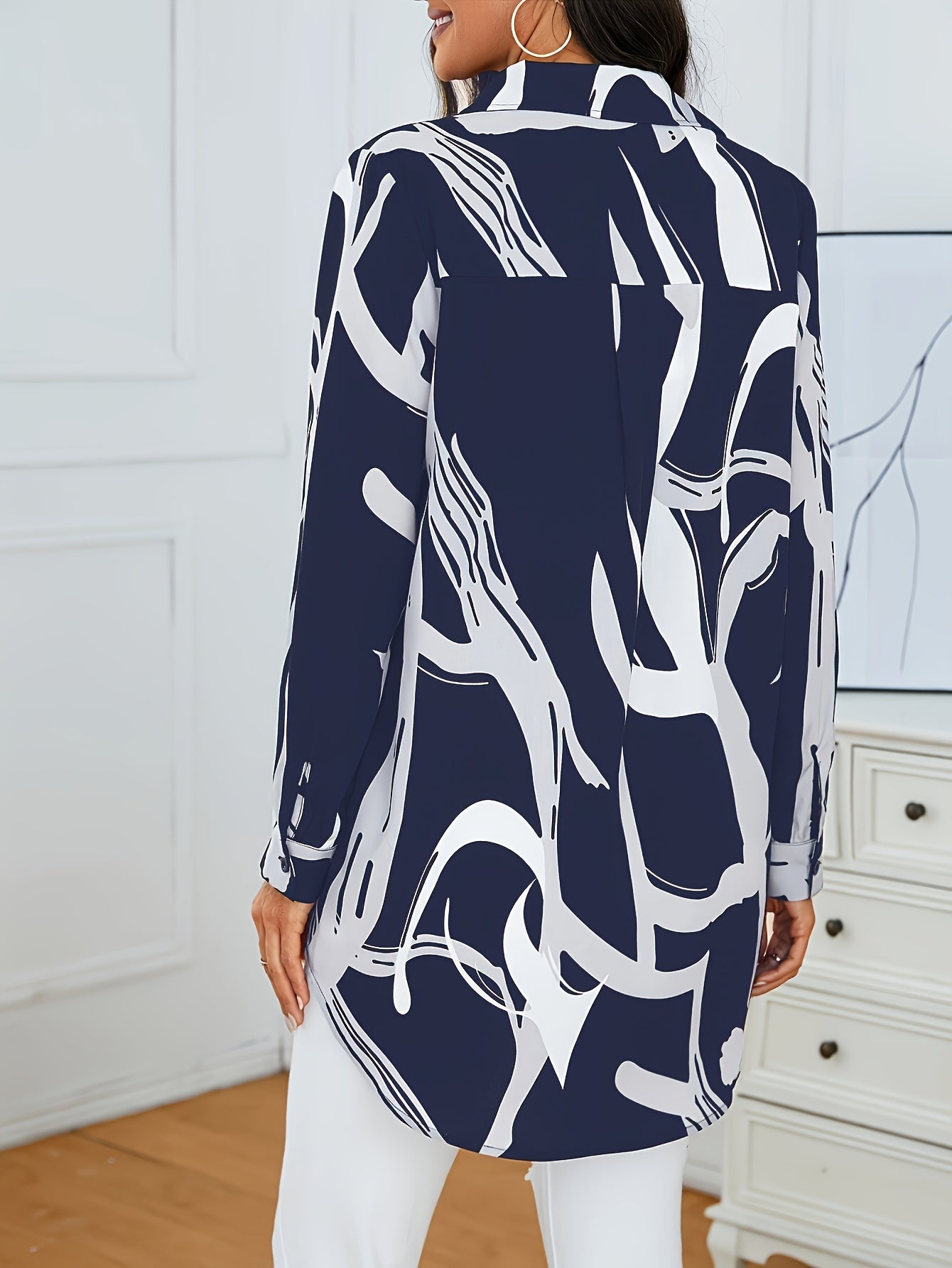 Abstract Print Button Front Shirt, Stylish Long Sleeve Shirt For Spring & Fall, Women's Clothing