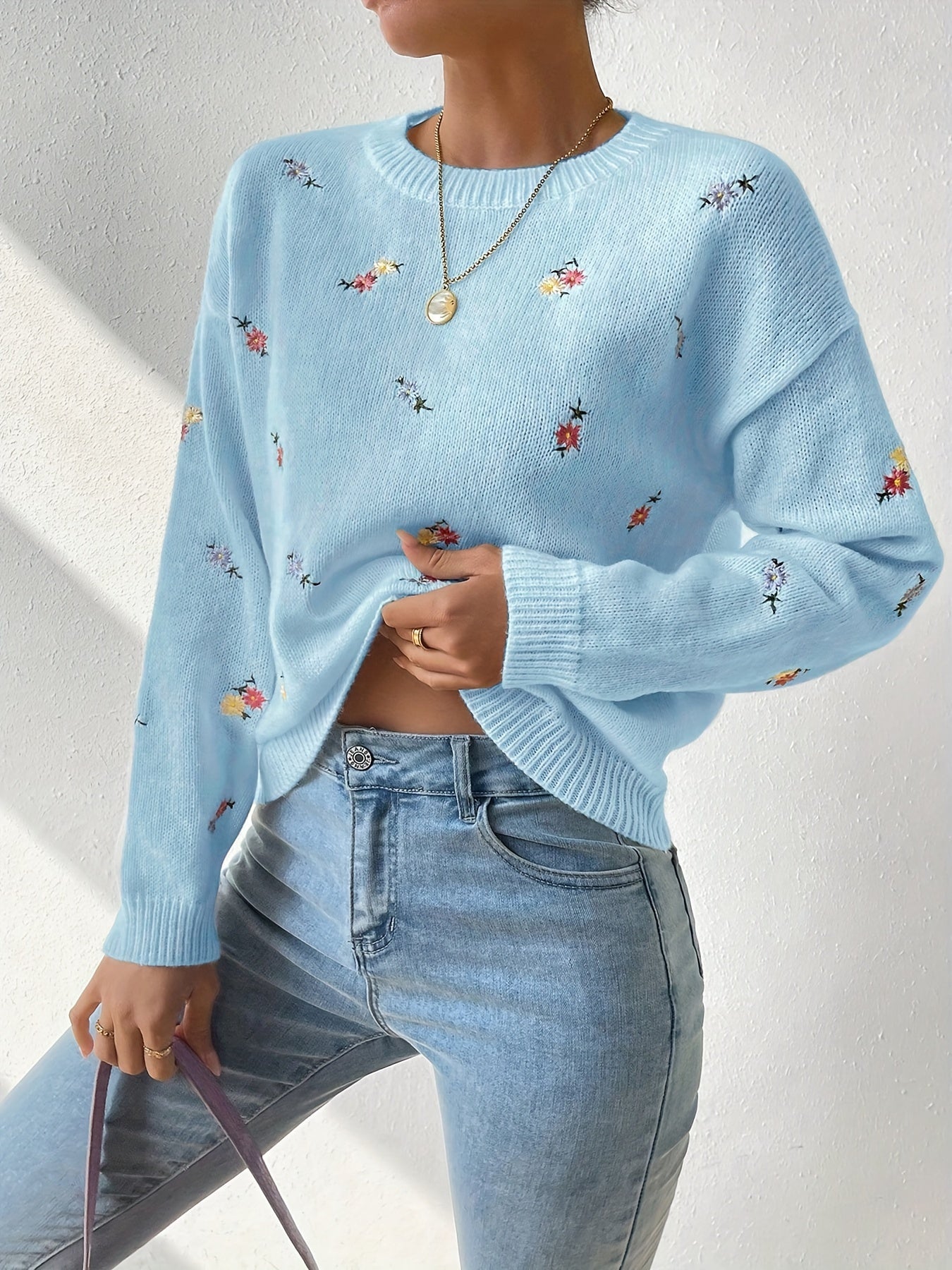 Flower Embroidery Long Sleeve Sweater, Casual Drop Shoulder Crew Neck Pullover Sweater For Fall & Winter, Women's Clothing