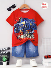 2pcs Boys Casual Monster Truck Print Versatile Short Sleeve T-shirt & Imitation Denim Shorts Set, Cool, Lightweight And Comfy Summer Clothes