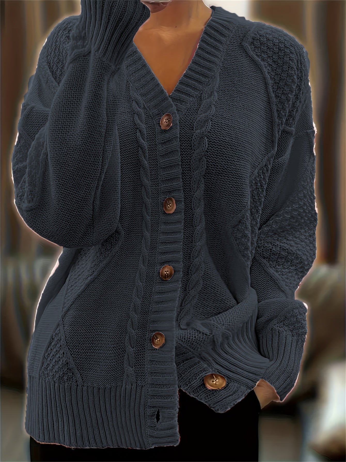 Solid Color Button Front Knitted Cardigan, Casual V Neck Long Sleeve Cardigan For Fall & Winter, Women's Clothing