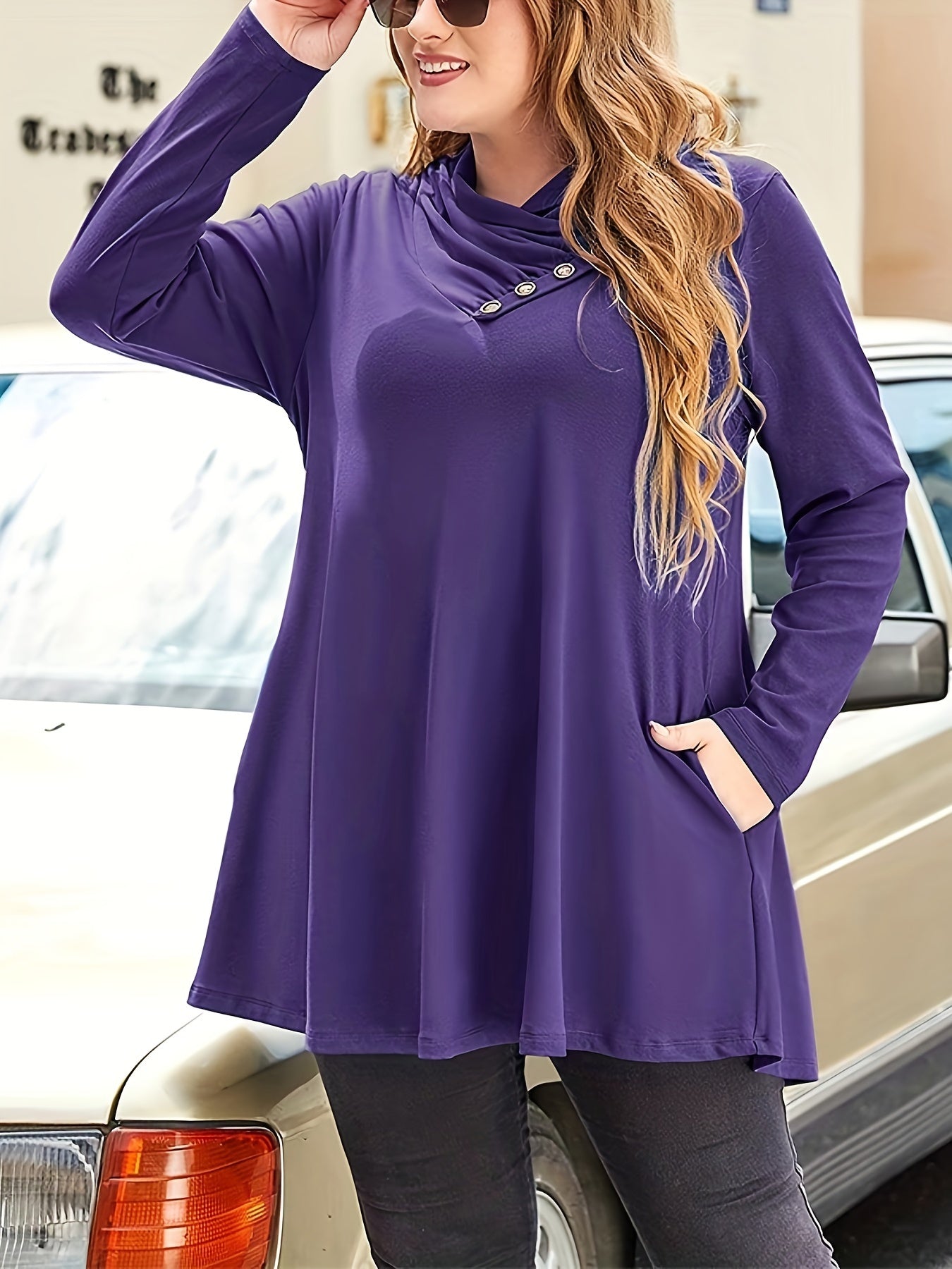 Plus Size Button Decor T-Shirt, Casual Criss Cross Neck Long Sleeve Top For Spring & Fall, Women's Plus Size Clothing