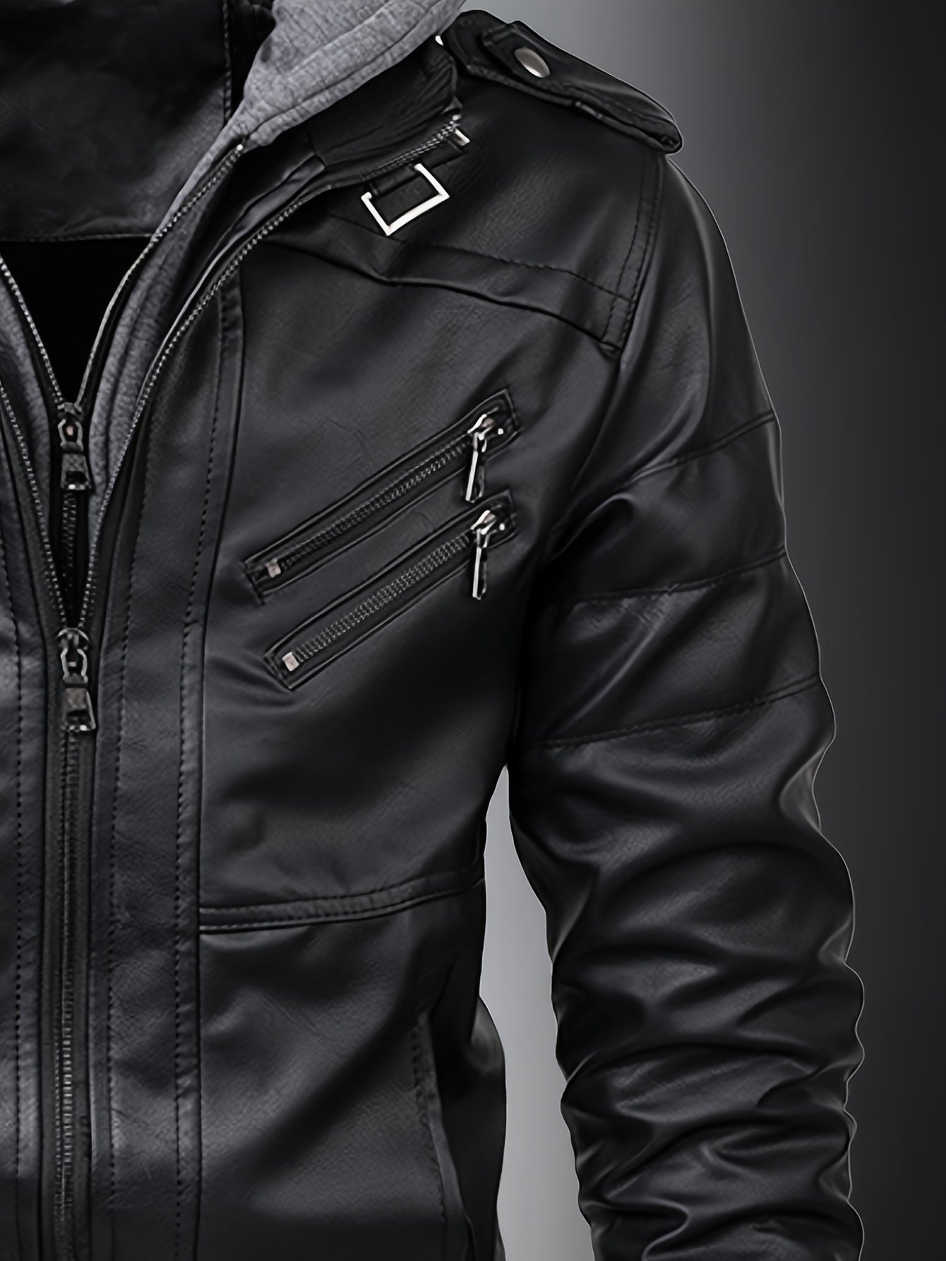 Mens Fashionable Hooded Jacket - Faux Leather, Utility Pockets, Versatile for All Seasons