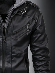 Mens Fashionable Hooded Jacket - Faux Leather, Utility Pockets, Versatile for All Seasons