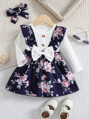 Ramadan Baby Girls Spring Autumn Flower Pattern Bow Elegant Dress With Headband Set, Ramadan