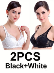 2pcs Luxurious Floral Lace Push Up Bras - Comfortable & Breathable with Bow Tie Detail - Soft Intimates Bra Set for Womens Lingerie Collection