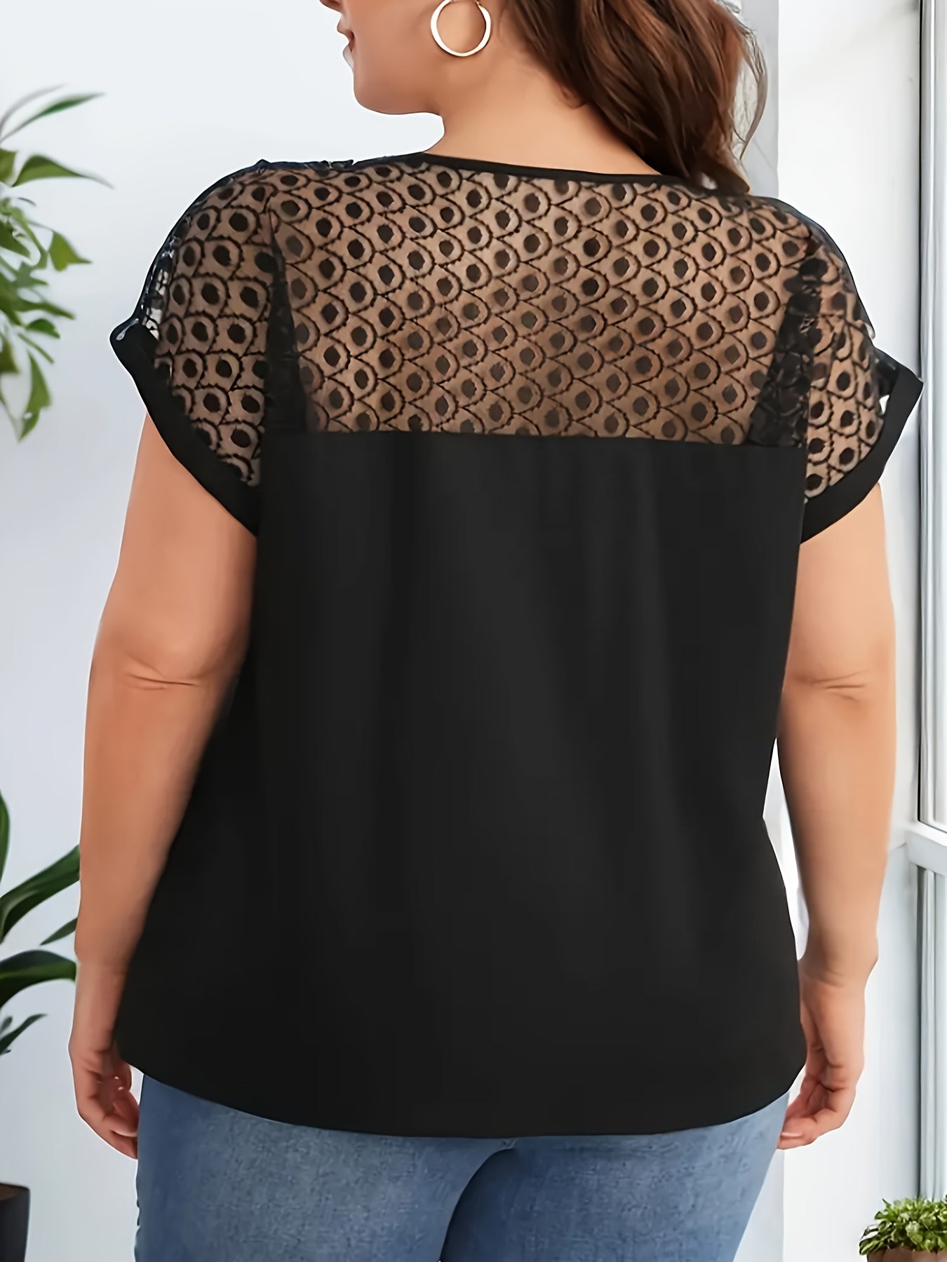 Plus Size Lace Stitching T-Shirt - Delicate Lace Details, Solid Color, Short Sleeves, Casual Style - Perfect for Spring and Summer, Designed for Women with Curvy Figures