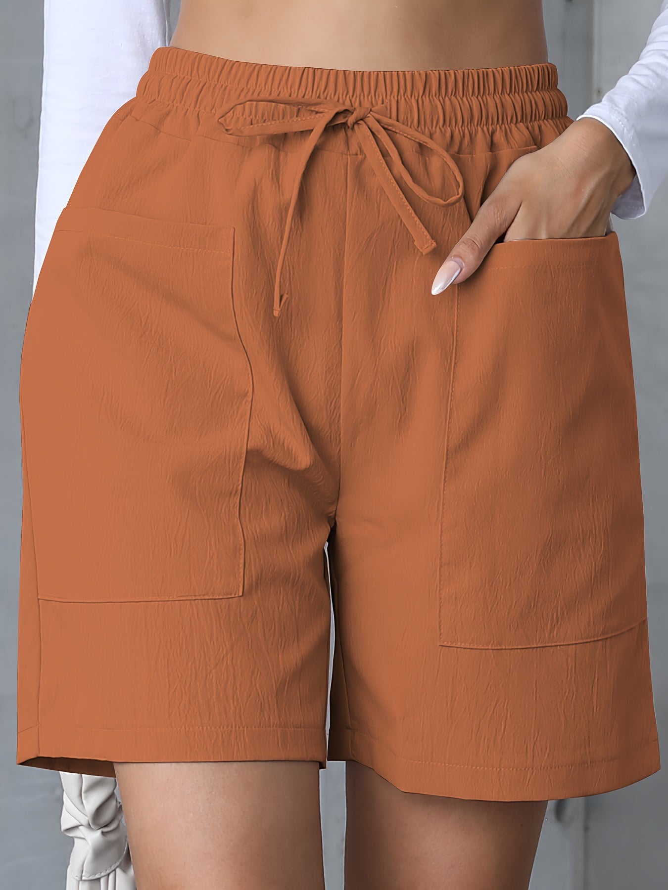 Women's Easy-Care Casual Polyester Shorts – Summer Comfort with Drawstring Waist, Pockets, and Solid Color Design