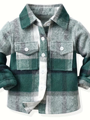 Kids Casual Plaid Button-Down Shirts, Polyester Blend, Lapel Collar, Non-Stretch, Long Sleeve, Regular Length, Spring/Fall, Single Breasted Pajama Top, Ages 12 & Under