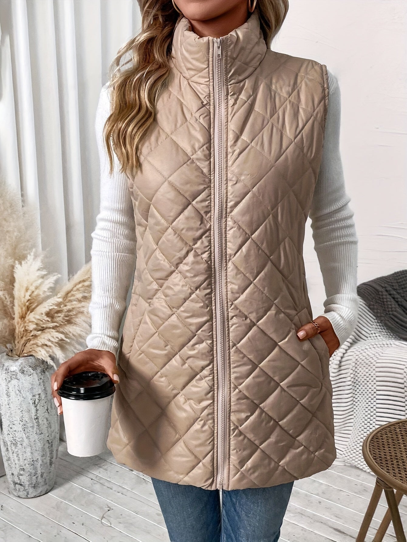 Zipper Front Cotton Padding Vest, Versatile Sleeveless Dual Pocket Outwear Coat For Winter & Fall, Women's Clothing