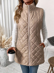 Argyle Quilted Zipper Front Padding Vest, Elegant Sleeveless Gilet Jacket For Fall & Winter, Women's Clothing