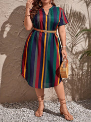 Plus Size Striped Dress with Notched Neck - Comfortable Short Sleeves for Casual Chic - Designed for Curvy Womens Fashion