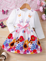 Girls Adorable Long Sleeve Cardigan & Floral Sundress Set - Soft & Stylish Two-piece Outfit for Daily Summer Adventures