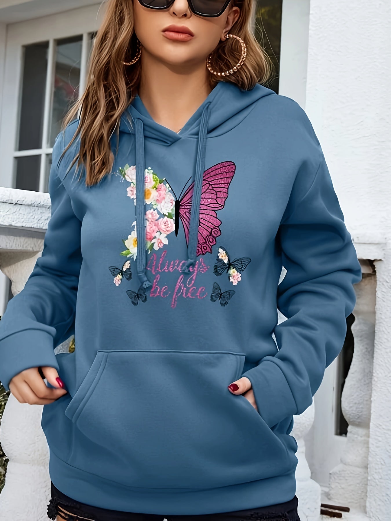 Fashionable Womens Floral Butterfly Hoodie Sweatshirt - Comfortable Drawstring Hood, Roomy Kangaroo Pocket, Long Sleeves - Casual Style with Vibrant Print - Perfect for Your Wardrobe