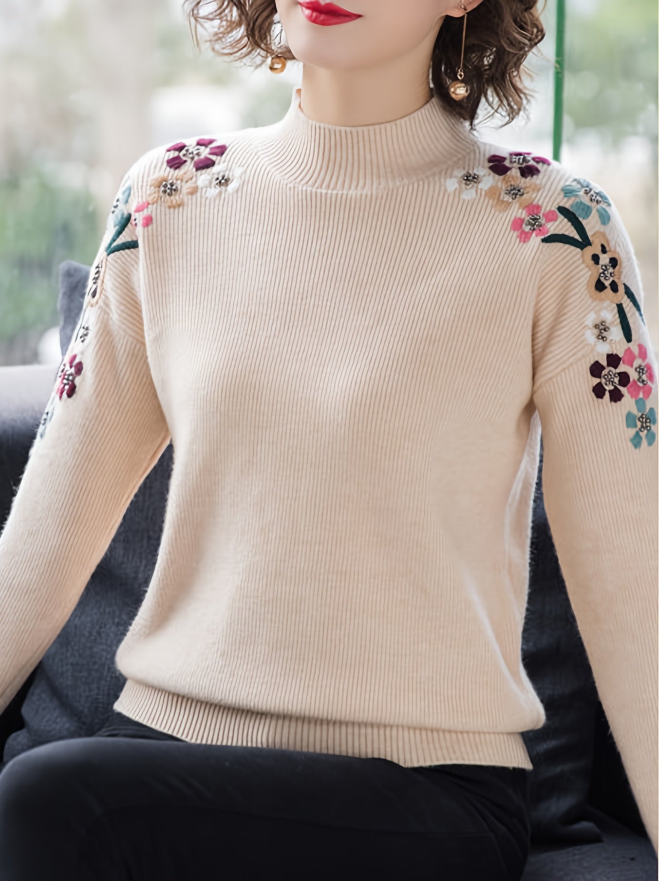 Floral Pattern Mock Neck Knit Sweater, Casual Long Sleeve Pullover Sweater, Women's Clothing