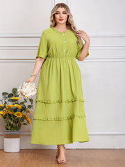 Plus Size Textured Solid Lettuce Trim Dress, Casual Crew Neck Short Sleeve Midi Dress, Women's Plus Size Clothing