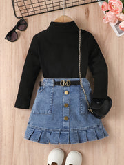 Girl's Trendy Outfit 2pcs, Mock Neck Ribbed Top & Belted Denim Skirt Set, Kid's Clothes For Spring Autumn