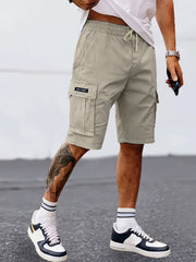 Casual Solid Men's Regular Fit Elastic Waist Cargo Shorts With Side Pockets For Summer Outdoor Leisure And Work