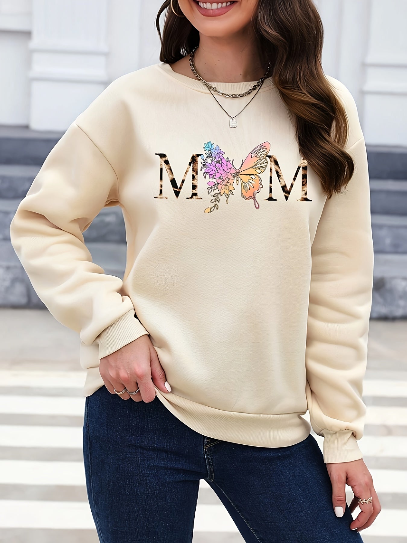 Butterfly typography Print Womens Pullover Sweatshirt - Fashionable Casual Style with Comfortable Long Sleeves & Classic Crew Neck - Premium Quality Everyday Wear - Trendy Womens Clothing