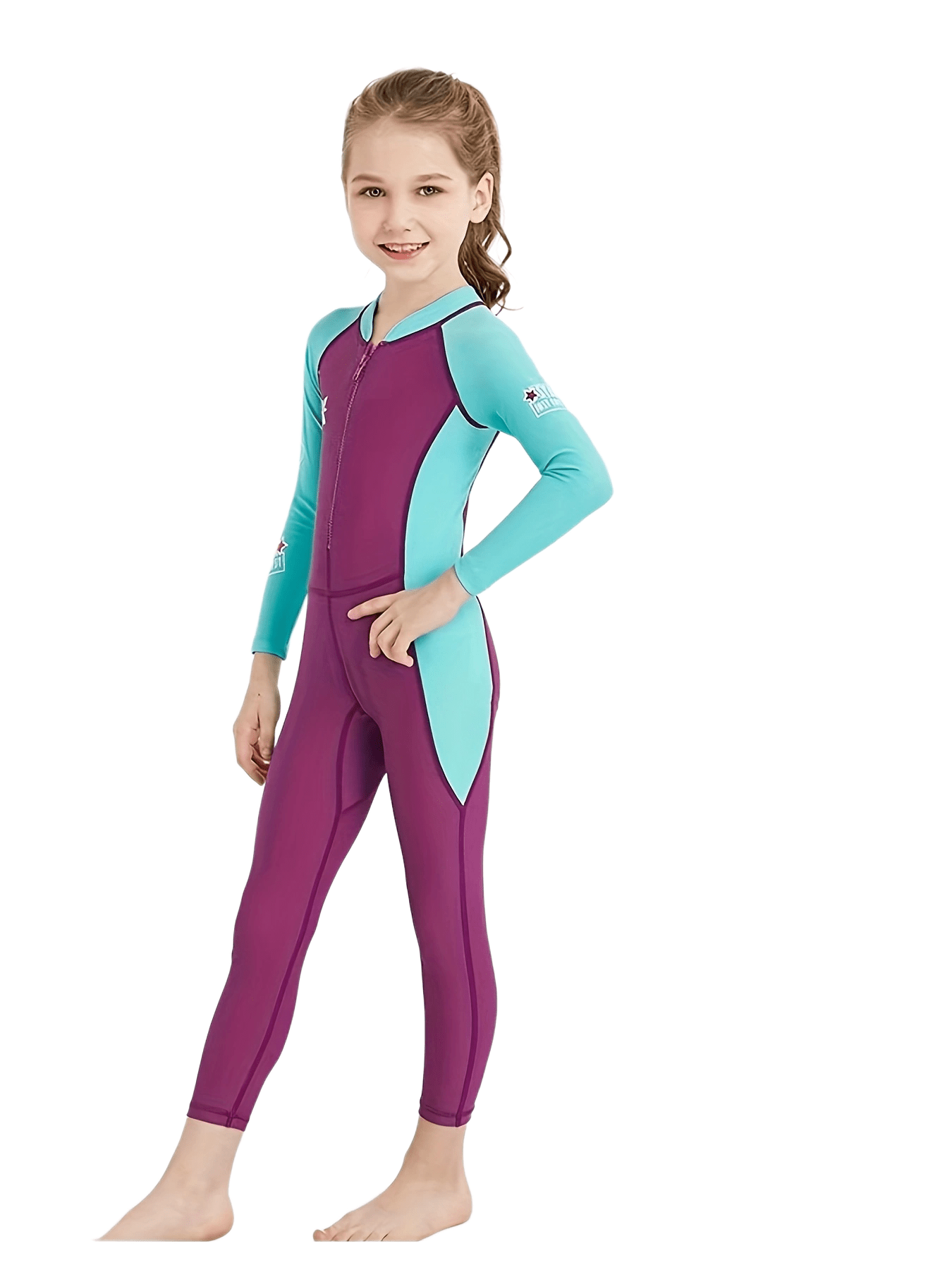 Girl's Zip Up One-piece Swimsuit, Color Clash Long Sleeve Surfing Suit, Kid's Swimwear For Summer Beach Vacation