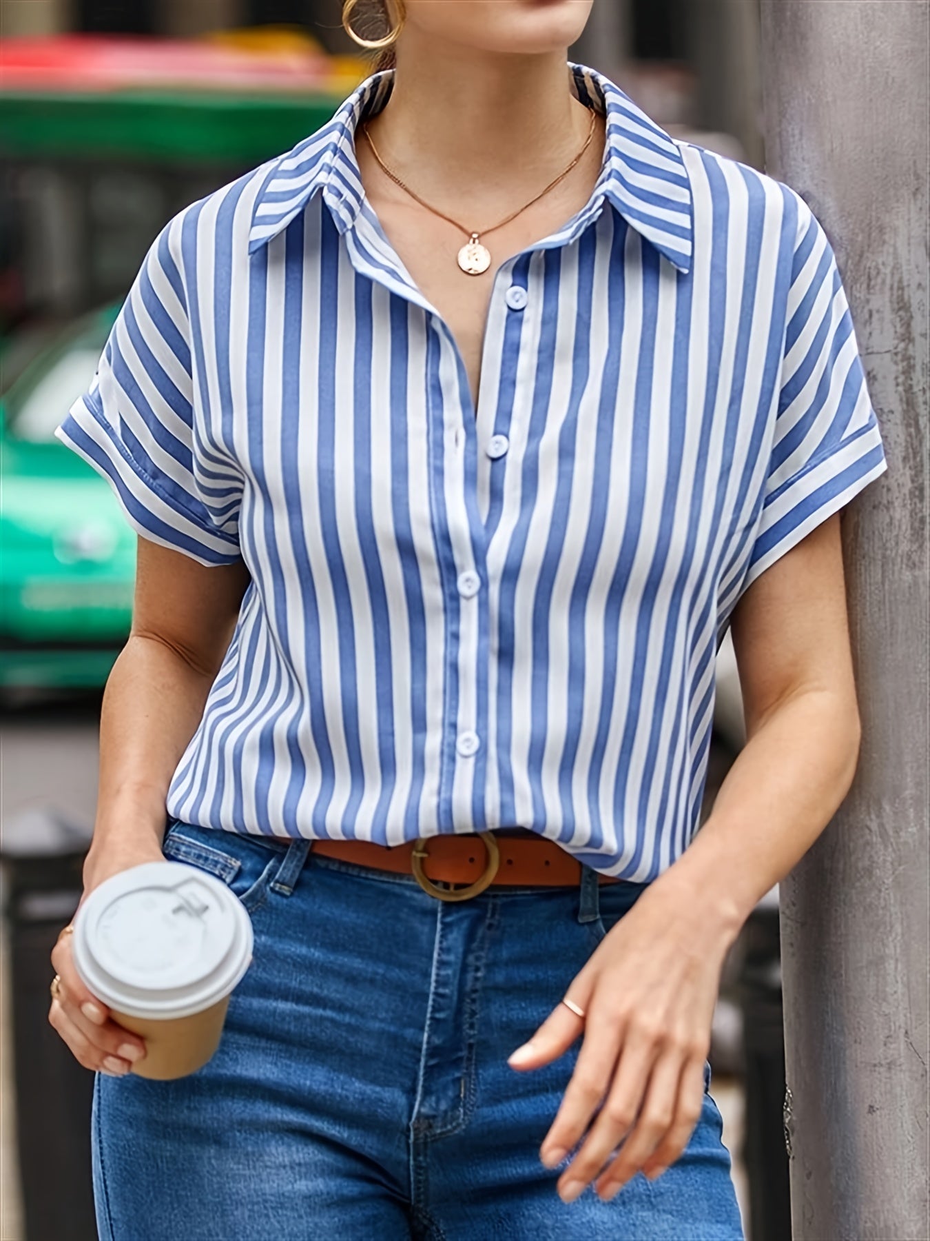 Striped Print Button Front Shirt, Casual Short Sleeve Shirt For Spring & Summer, Women's Clothing