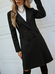 Double Breasted Lapel Coat, Elegant Solid Color Long Sleeve Mid-length Coat For Fall & Winter, Women's Clothing