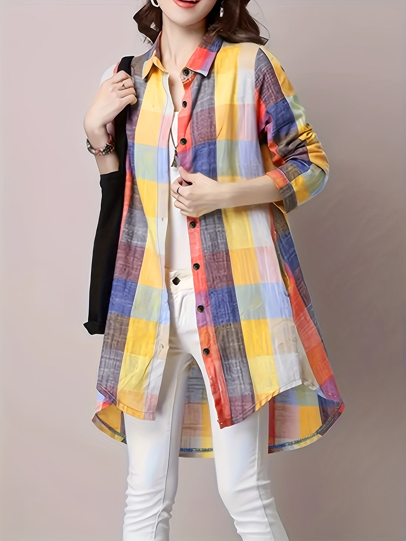 Plaid Print Button Front Shirt, Casual Lapel Neck Long Sleeve Long Shirt For Spring & Fall, Women's Clothing