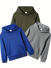 Boys' 3pcs Casual Hoodie Set With Pockets - Solid Color, Stretch Fabric, Machine Washable For Spring/Fall Outdoor Activities