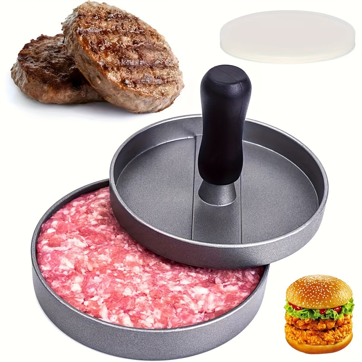 Qicai Xiaolu Metal Hamburger Press - Manual Non-Stick Patty Maker for Kitchen with 100 Wax Papers, Uncharged Food Mill Gadget for Ages 14+