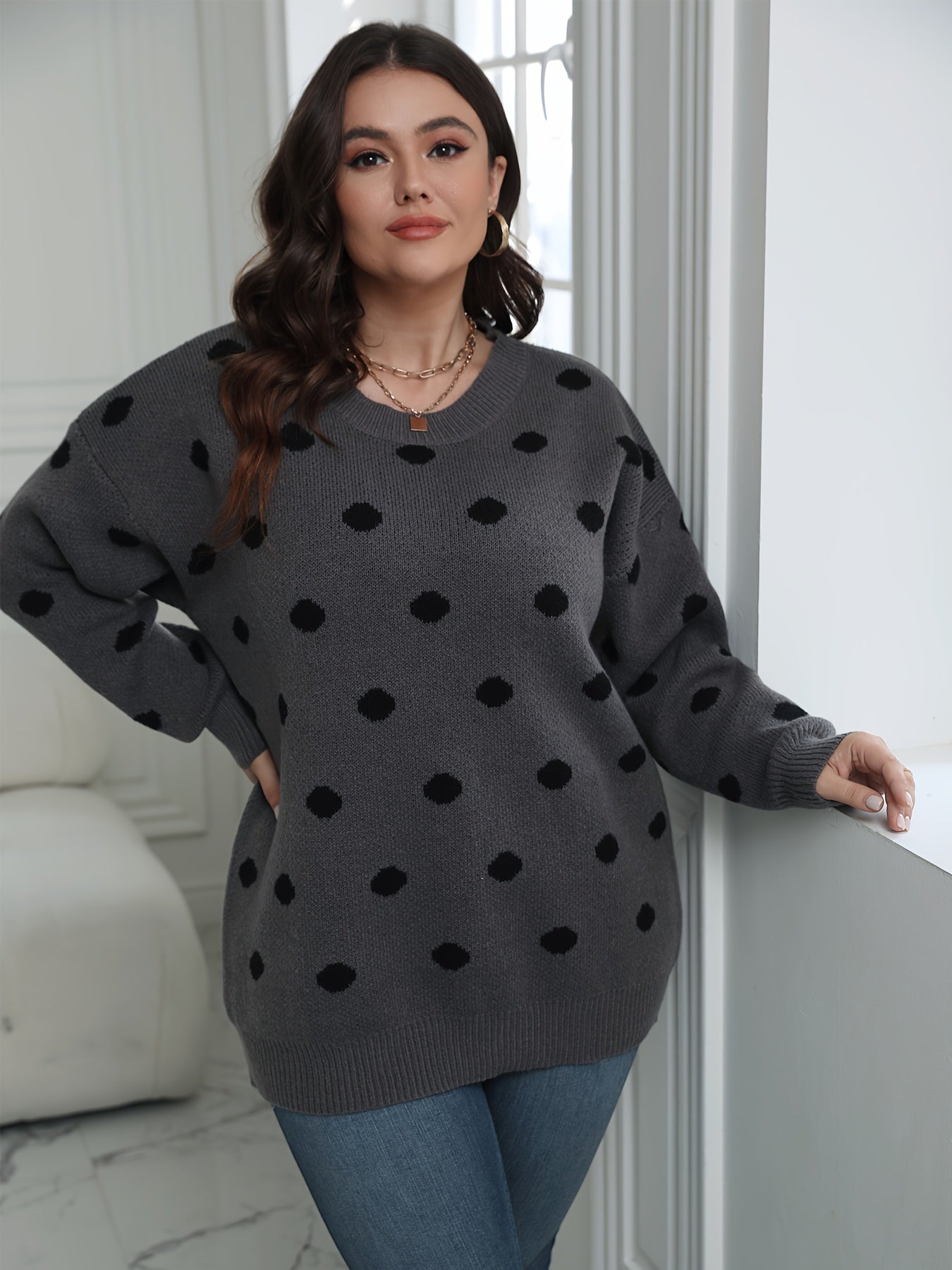 Plus Size Casual Sweater, Women's Plus Dot Print Long Sleeve Round Neck Medium Stretch Jumper