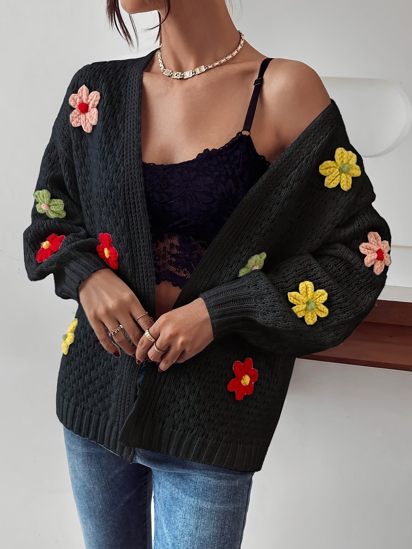 Floral Texture Open Front Cardigan, Casual Long Sleeve Cardigan For Fall & Winter, Women's Clothing