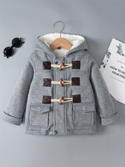 Kid's Preppy Style Fleece Lining Jacket, Warm Woolen Buttons Hooded Coat, Boy's Clothes For Fall Winter Outdoor, As Gift