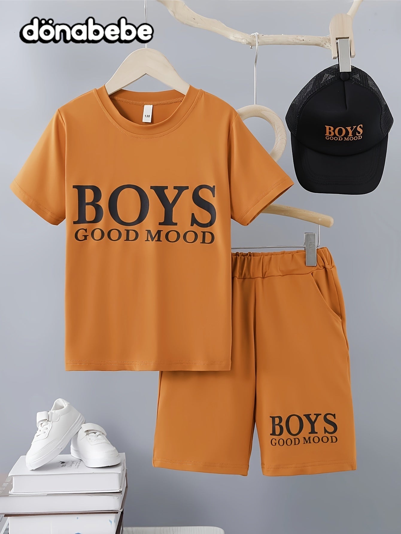 2pcs Boys Casual BOYS GOOD MOOD Letter Graphic Print Short Sleeve T-shirt & Shorts Set, Comfy Summer Boys Clothes