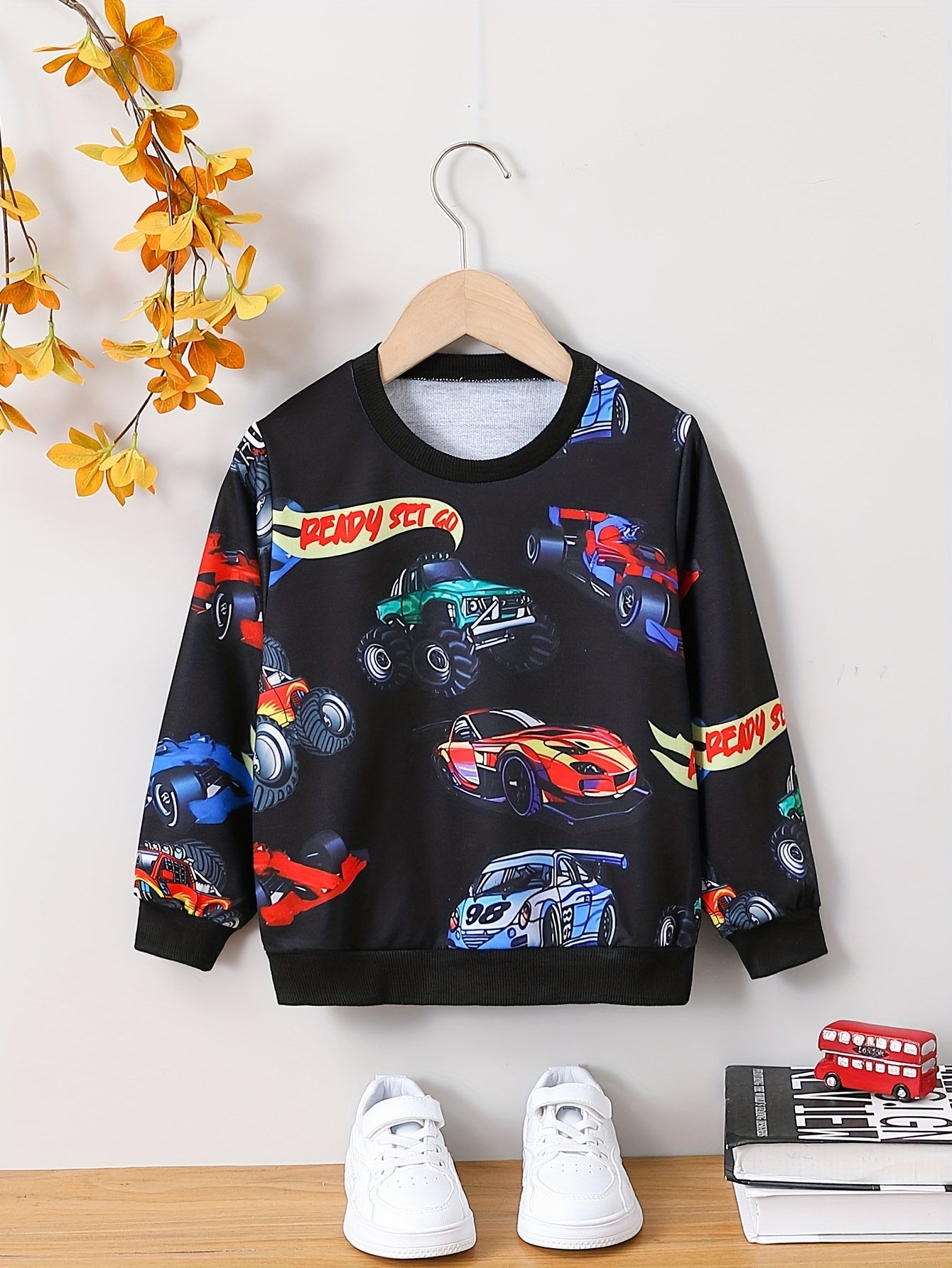 Cartoon Car Print Boys Casual Creative Pullover Sweatshirt, Long Sleeve Crew Neck Tops, Kids Clothing Outdoor