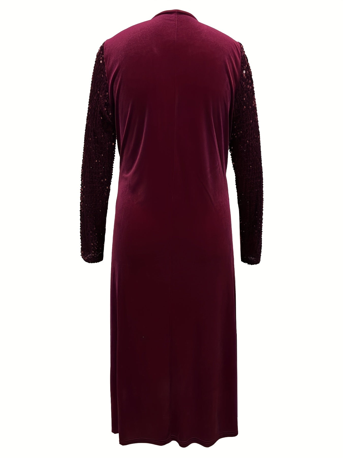 Plus Size Elegant Dress, Women's Plus Velvet Contrast Sequin Long Sleeve Notched Neck Button Detail Slight Stretch Dress With Pockets