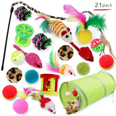 Cat Toys Kitten Toy Tunnel, 21 PCS Indoor Interactive Toy, Collapsible Cats Tunnels, Interactive Feather Toy Fluffy Mouse Crinkle Balls Toys - Kerala Elegance