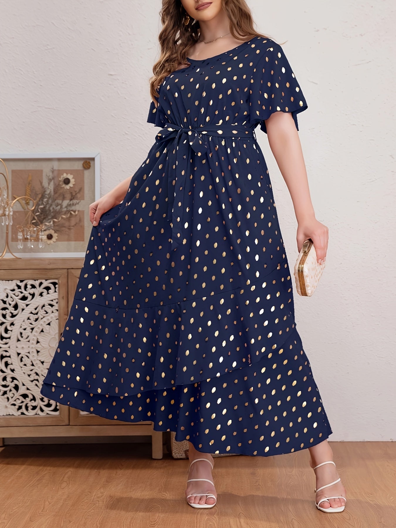 Plus Size Polka Dot Tunic Dress - Crew Neck, Short Sleeve, Ruffle Hem, Belted, Slight Stretch, Polyester, Random Print, All-Season, Middle East Style - Womens Casual Wear for Everyday