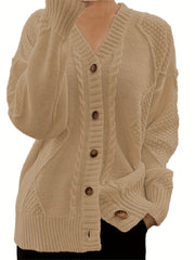 Solid Color Button Front Knitted Cardigan, Casual V Neck Long Sleeve Cardigan For Fall & Winter, Women's Clothing