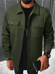 Mens Chic Flap Pocket Jacket - Stylish Button Up Design - Warm Autumn-Winter Coat for Mature Style