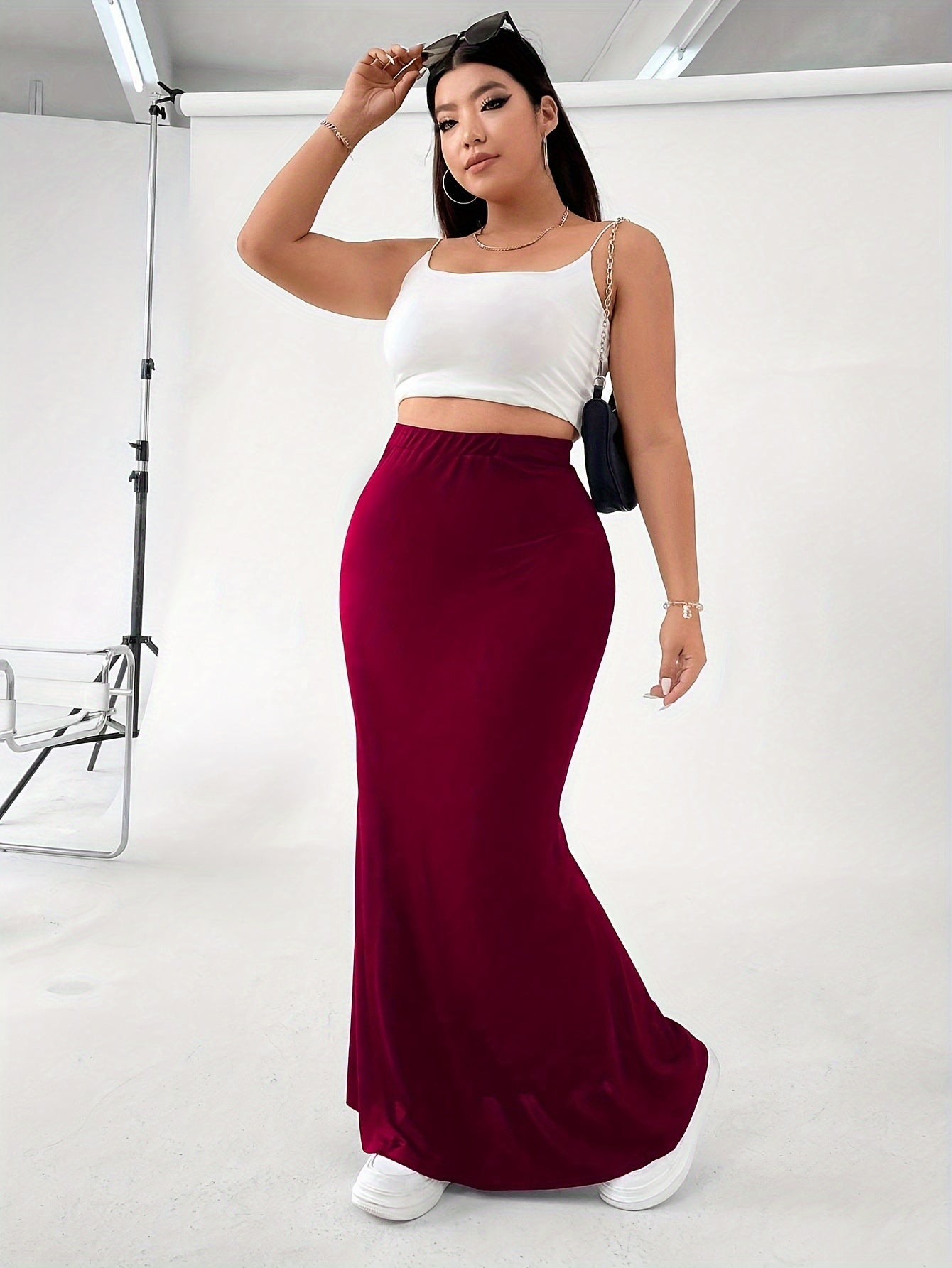 Plus Size Solid Maxi Mermaid Hem Skirt, Elegant High Waist Skirt For Spring & Summer, Women's Plus Size Clothing