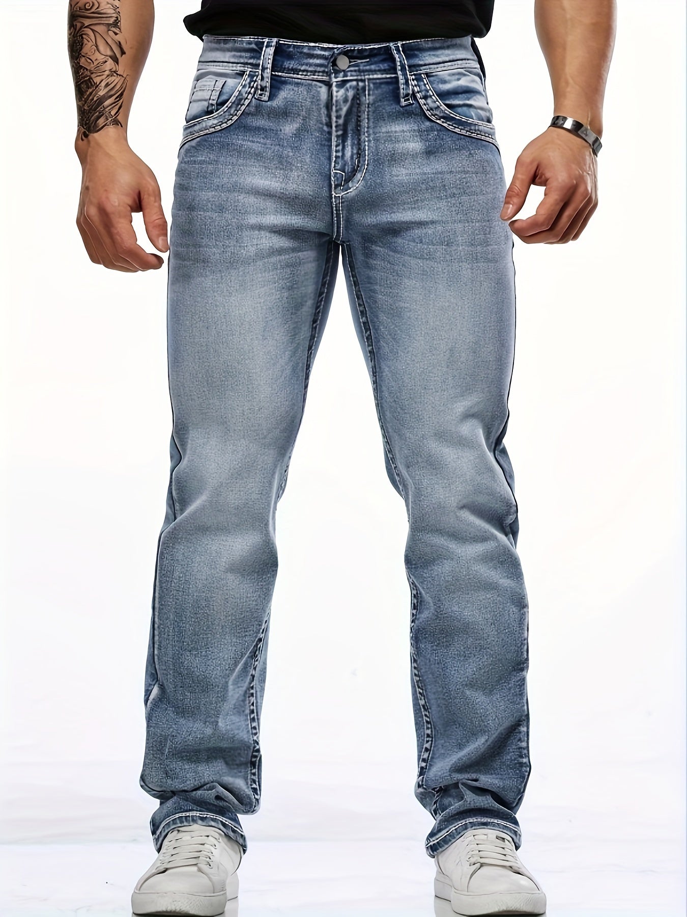 Men's Classic Stretch Denim Jeans With Embroidered Design, Regular Fit Four-Season Wear With Pockets, Suitable For Adults