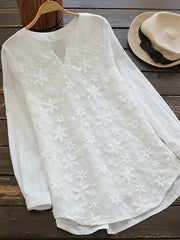 Floral Embroidery Notch Neck Blouse, Casual Long Sleeve Top For Spring & Fall, Women's Clothing