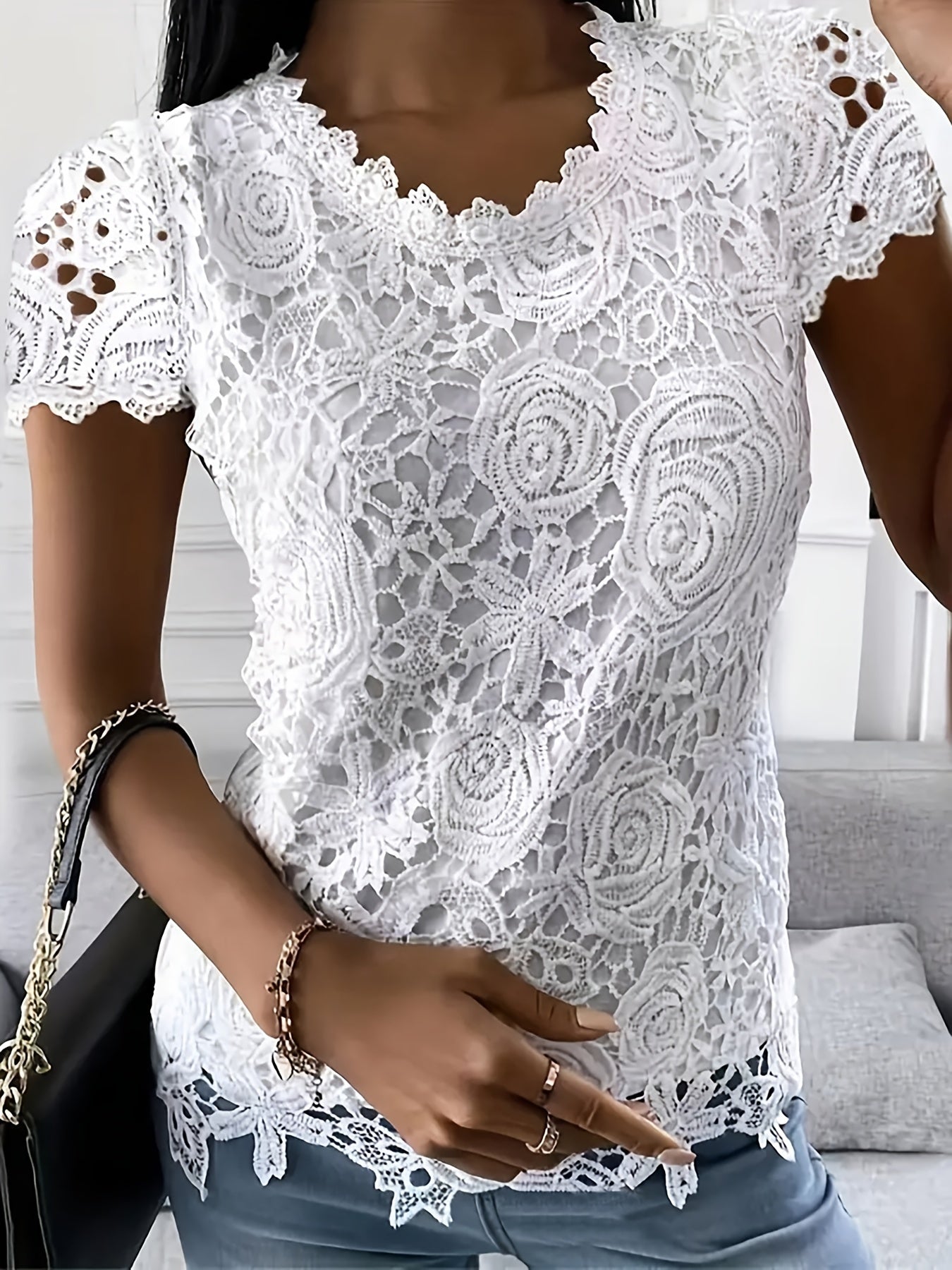 Solid Lace Short Sleeve Top, Versatile Blouse For Spring & Summer, Women's Clothing