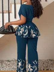 Elegant Floral Print Pants Set, Short Sleeve Boat Neck Tie Waist Blouse & Straight Leg Pants Outfits, Women's Clothing