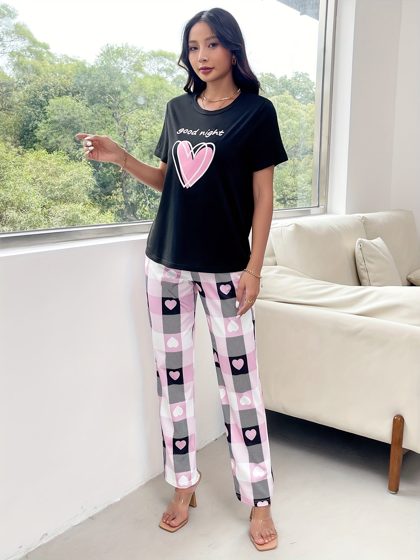 Romantic Heart Print Womens Two-piece Set - Lightweight Short Sleeve T-shirt & Flattering Wide Leg Pants Outfit - Fashionable Casual Wear for Everyday Style